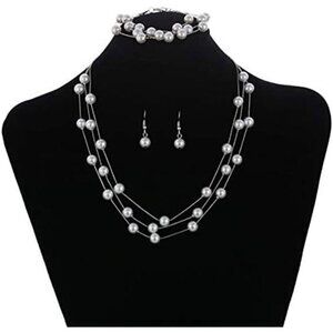 Faux Pearl Choker Gold Silver Layered Necklace Earring Bracelet Set for Women